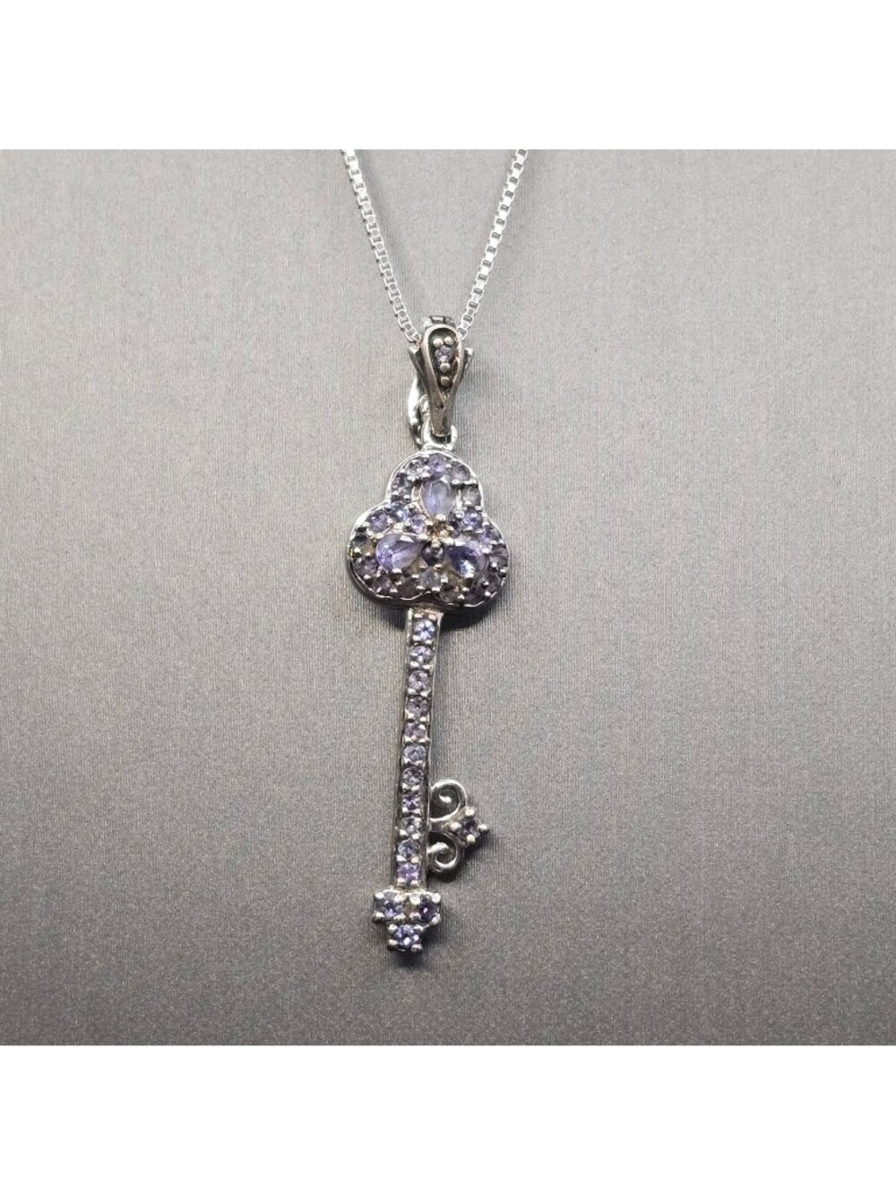Vintage Sterling Silver Tanzanite Key Pendant Enhancer Necklace 18" Signed JC